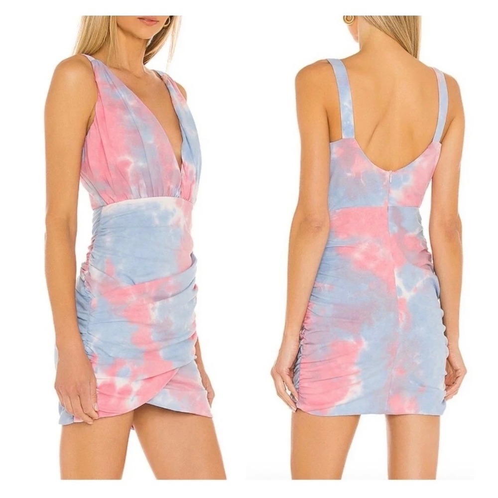 Superdown Georgie Mini Dress Tie Dye Pink Blue Ruched V-Neck Cotton size Small